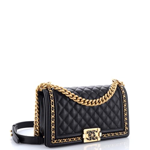 Pre-Loved Chain Around Boy Flap Bag Quilted Caviar Old Medium, Black2