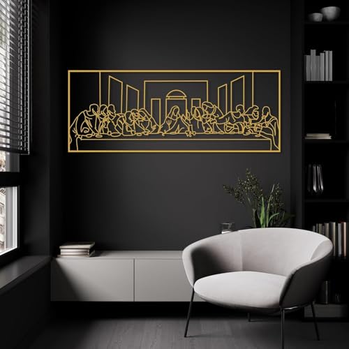 DecoSoul The Last Supper Metal Wall Art by Leonardo Da Vinci Artwork, Christian Metal Wall Decor, Jesus Line Art, Religious Wall Hanging Decor, Gift for Christian, (Gold, 27.55 x 10.6)