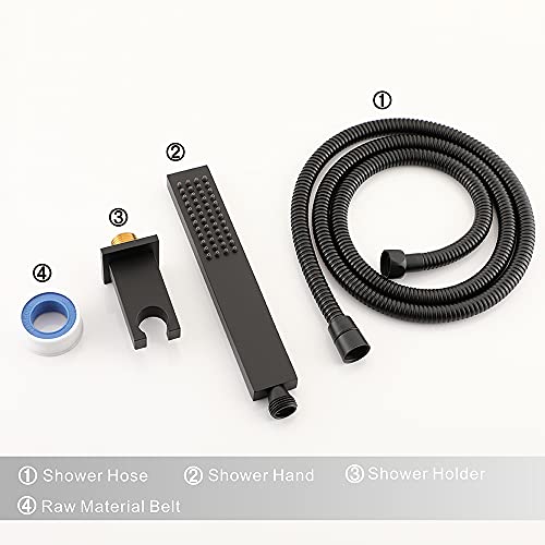Asyas Solid Brass High Pressure Hand Held Shower Square Sprayer Head With Fixed Elbow Wall Connector Shower Holder And Hose Set Matte Black #TOP5