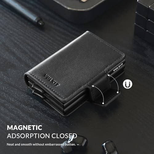 Image of VULKIT Credit Card Holder RFID Blocking Leather Automatic Pop Up Wallet Magnetic Wallet Double Card Case for Men and Women, Genuine Leather Nappa Black, 4.33*3.15*1.1 in, Minimalist