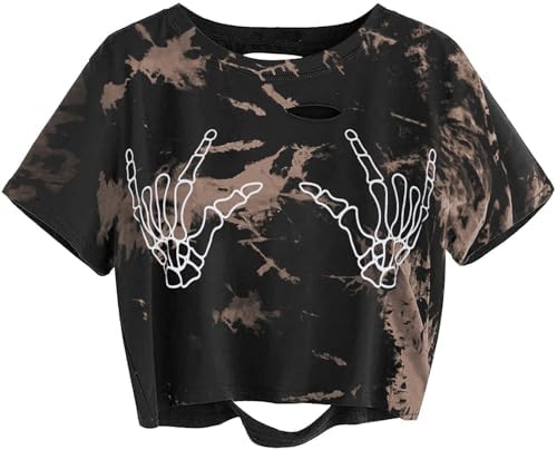 AVANOVA Women Skull Finger Graphic Distressed Tee Shirt Ripped Sh...