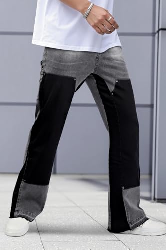 GINGTTO Mens Flare Jeans Stacked Bootcut Bell Bottom Denim Jeans for Men Wide Leg Hip Hop Streetwear Black Grey 303