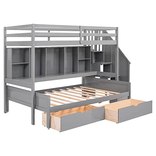 Harper & Bright Designs Twin Xl Over Full Bunk Bed, Wood Bunk Bed With Built-In Storage Shelves, Drawers And Staircase, For Kids/Teens/Girls/Boys/Adults, Gray #TOP6