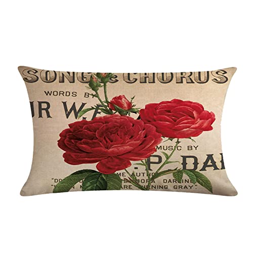 7Colorroom Rose Lumbar Throw Pillow Cover, Blooming Red Rose With Flowers &Green Leaves Pattern Rectangular/Waist Decorative Square Pillowcases,12 X 20 Inches 2 Pack For Sofa,Couch,Bed. #TOP1