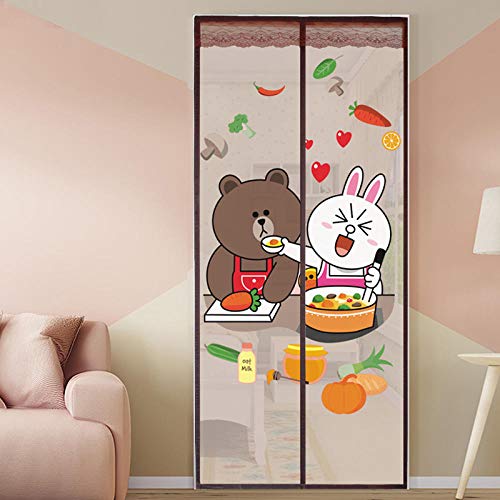 Patrón De Oso Y Conejo De Dibujos Animados Marrón Mosquitera Balcon 90x200cm / 35x78inches Tela Mosquitera Rollo para balcón Puertas correderas Sala de Estar Habitación Infantil,Fácil de Montar sin T