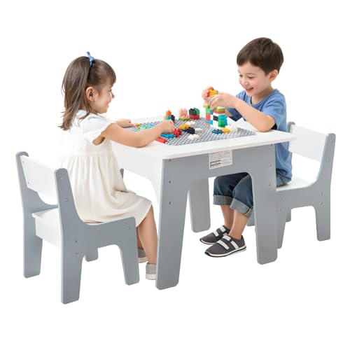 VEVOR Kid Activity Table and 2 Chairs Set, 23*23*20inch Graffiti & Building Blocks Double-Sided Tabletop, Toddler Play Table with Storage for Kids 3+ Years, Large Storage Space, Gift for Boys & Girls
