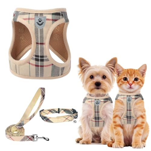 Image of PUPTECK Adjustable Pet Harness Collar and Leash Set for Small Dogs Puppy and Cats Outdoor Training and Running with Classic Beige Plaid Pattern