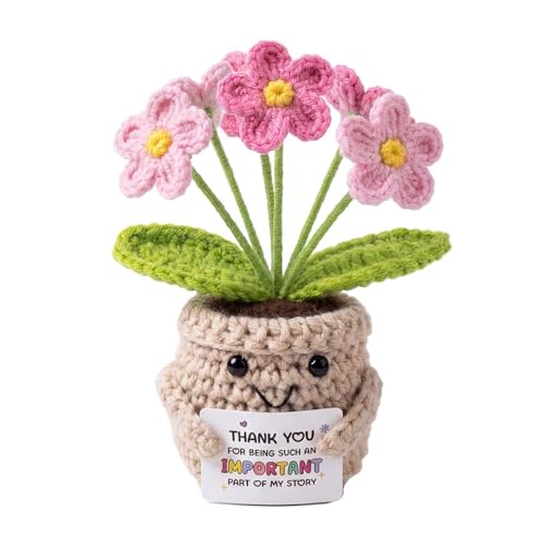 Blync Crochet Positive Flowers Potted Plants Fake Forget Me Not Flowers Doll for Friends Family and Lover Artificial Handmade Flowers for Valentines Birthday Wedding Gift and Home Decor (GPink)