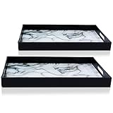 Large Ottoman Tray-Set of 2-Faux Marble Coffee Table Tray with Black Accents-White Marble...
