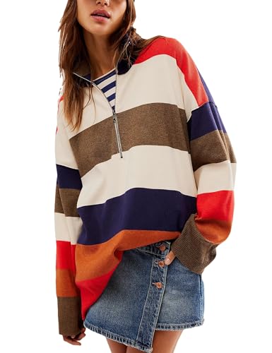 Quarter Zip Striped Oversized Knitted Pullover Sweaters for Women Lightweight Loose Fit Sweater Tops