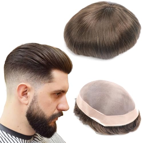 lumeng Toupee for Men Mono Lace Base European Human Hair 8x10 Hair System for Men Hair Prosthesis Replacement Unit Durable Mens Hair Piece #4Dark Brown Minimal Shedding Mens Toupee Real Hair