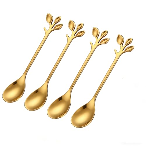 Gold Coffee Spoons Set of 4 -Stainless Steel Leaf Design with Short Handle for Espresso, Demitasse, Tea, Dessert & Ice Cream Stirring | Decorative Kitchen Flatware Gift