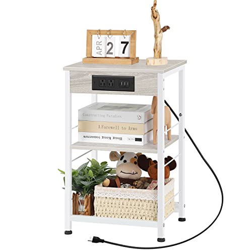 White Nightstand With Charging Station Bedroom Side Table End Table With Usb Ports And Storage Shelf 3-Tier Bedside Table Small Sofa Table Modern Night Stand Charging Tables For Bedroom Living Room #TOP18