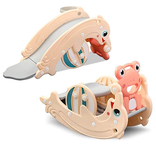 2in1 Kinder Rutsche und Wippe Kombination, Schaukeltier einfach umdrehen und aus der Wippe wird eine Kinderrutsche für drinnen und draußen (ohne Umbau) - inkl. Basketballkorb (coral / apricot)
