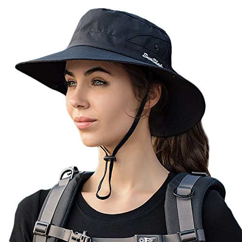 Womens Outdoor Sun Hat Breathable Packable Boonie Wide Brim Bucket Cap Fishing Hiking Ponytail Hole (Pure Black) #TOP20