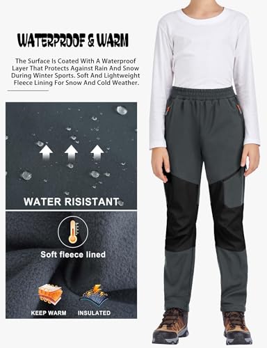 Image of Kids Winter Pants Fleece Lined Waterproof Boys Ski Pants Thermal Outdoor Softshell with Zipper Pockets