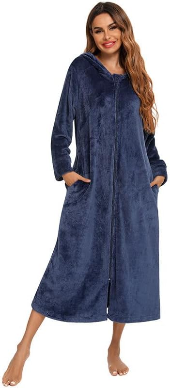 Velvet Robes for Women Long Sleeve Hooded Nightgowns Full Zip Winter Sleepwear Lounge Pajama Robe Fluffy Warm Bathrobe
