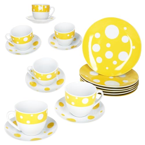 MamboCat Pula Yellow Service à café 18 pièces - Vaisselle en porcelaine blanche à pois pour 6 personnes - 6 tasses de 200 ml - 6 soucoupes et 6 assiettes pour petit-déjeuner et café