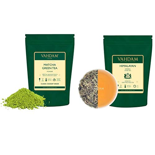 Vahdam, Matcha Green Tea Powder (1.75Oz, 25 Cups) & Imperial White Tea (1.75Oz, 25 Cups)- World's Healthiest Tea Type + Functional Pure Matcha Ground Powder To Boost Focus, Detox, Matcha Latte #TOP5