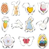 Contient : 11 emporte piece de Pâques avec des lapins, des œufs de Pâques, des poussins, des papillons, des fleurs, des tulipes, des carottes, etc.