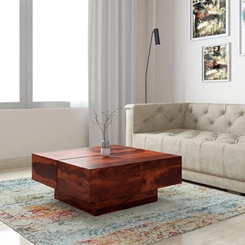 Image of Sheesham Wood Square Coffee Table | Coffee Table for Living Room | Coffee Table Small | Center Table | Center Table for Home & Office | Finish Color:- Rustic Teak