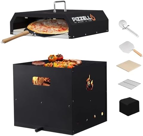 PIZZELLO 16" Outdoor Pizza Oven Large 4-in-1 Wood Fired Outside Oven 2-Layer Detachable Pizza Maker with Pizza Stone, Pizza Peel, Cover, Cutter, BBQ Grill Grate, Pizzello Gusto
