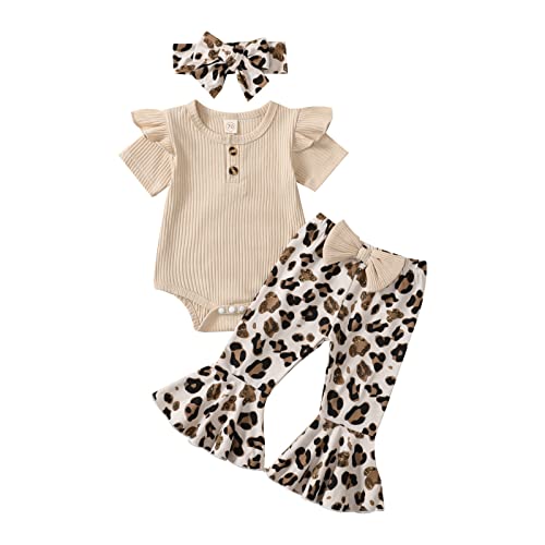 Image of VOLUOVO Newborn Infant Baby Girl Clothes Ruffle Sleeve Romper Top Flared Pants Headband Outfit Set