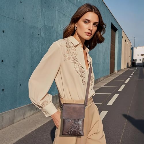 Image of Small Crossbody Bags for Women Trendy Vegan Leather Cell Phone Bag Embossed Flower Design Wallet Purses with Strap