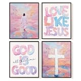 SkyCozy Christian Wall Art Decor, Pink Religious Bible Verse Poster & Prints, Pastel Jesus Walking on Water Cross Scripture Wall Art for Home Bedroom Church Prayer Room Decor, 8x10Inch Set of 4 (UNFRAMED)