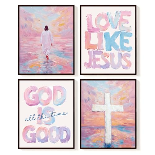 SkyCozy Christian Wall Art Decor, Pink Religious Bible Verse Poster & Prints, Pastel Jesus Walking on Water Cross Scripture Wall Art for Home Bedroom Church Prayer Room Decor, 8x10Inch Set of 4 (UNFRAMED)