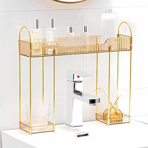 YCIA&DONE Bathroom Countertop Organizer Over The Faucet, Narrow Counter Organizers Above Sink, Table Mounted Faucet Sink Shelf for Kitchen, Toilet, Laundry(Amber Gold) by YCIA&DONE - Used condition - US$11.72