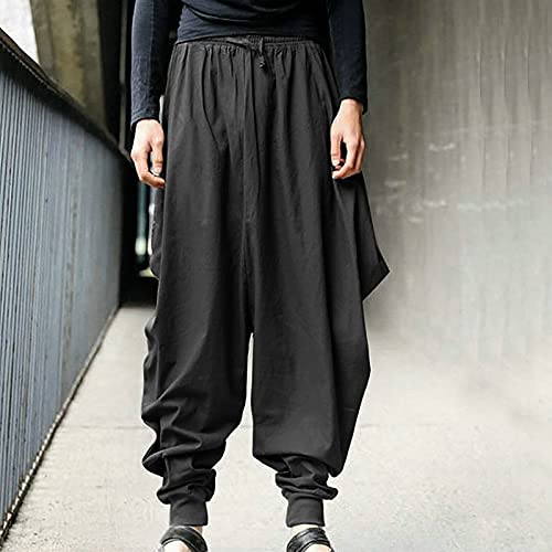 Mens Casual Drawstring Loose Fit Aladdin Hippie Harem Pants Linen Elastic Waist Baggy Boho Gypsy Yoga Pants Black #TOP4