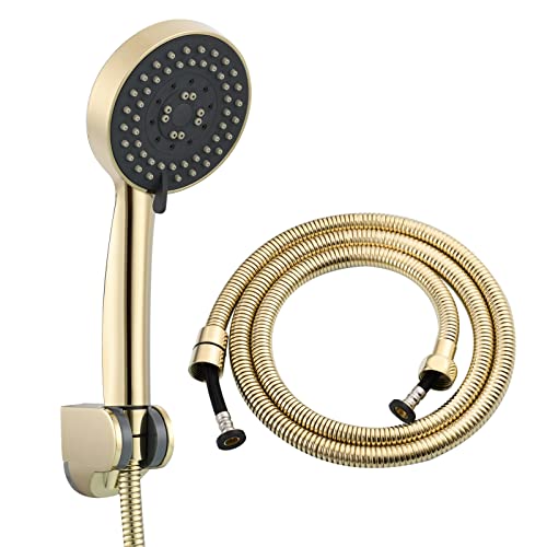 Tecmolog BS144F Set de douche en plastique 5 types de jet avec tuyau rond de 1,5 m et support, zirconium, doré