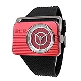 Bewegung: Japanischer Quarz Gehäuse: Edelstahl und rot eloxiertes Aluminium mit horizontalen Streifen, Länge 45 mm, Höhe 28 mm Zifferblatt: 3D Wabe, Durchm. 24mm, leuchtende Hände