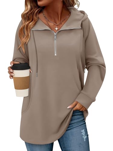 onlypuff Women Hoodie Pullover Trendy Quarter Zipper Lapel Sweatshirts Drawstring Cute Hooded Tunic Tops with Side Pockets