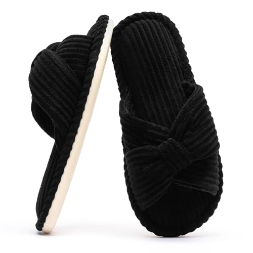 Image of Chantomoo Slippers for Women Memory Foam House Womens Slipper Slides Home Bedroom Bathroom Spa Open Toe Corduroy Bow Slippers Cozy Comfortable