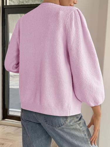 Cicy Bell Womens 3/4 Puff Sleeve Cardigan Sweater Fall Trendy Casual Button Up Loose Fit Cropped Knit Sweaters Pink3