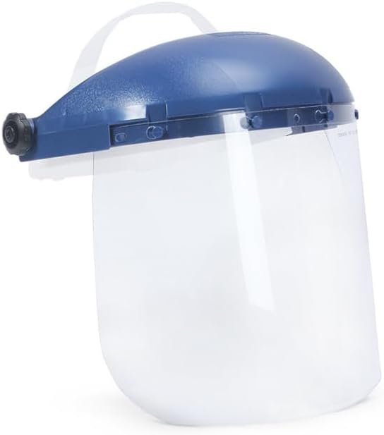 Single Crown Safety Face Shield with Ratchet Headgear, Clear Tint, Anti-Fog Coating, Blue, S39140, 8" x 12" x .040"