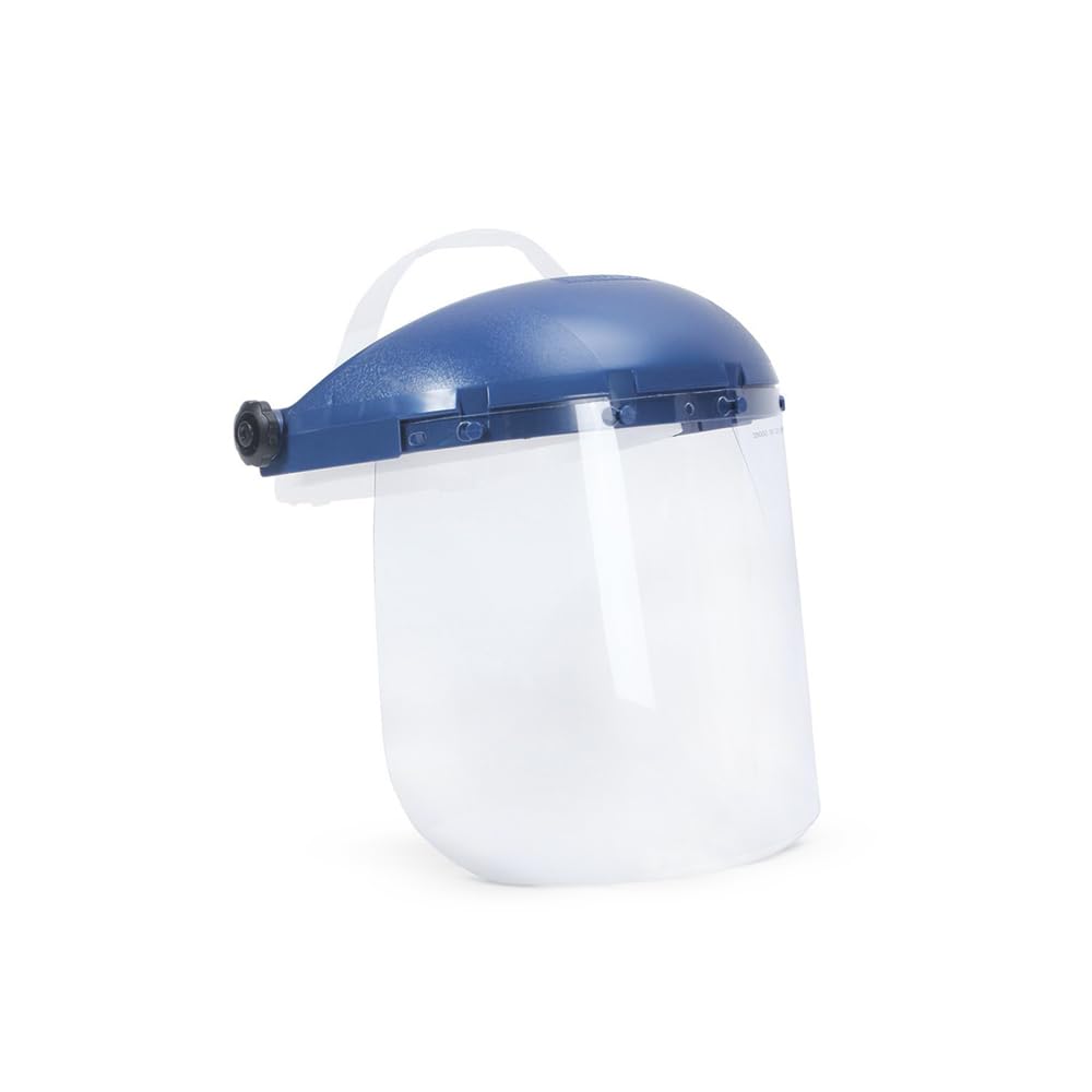 Single Crown Safety Face Shield with Ratchet Headgear, Clear Tint, Anti-Fog Coating, Blue, S39140, 8" x 12" x .040"