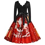 Longra Weihnachtskleid Damen Weihnachtenkostüm Weihnachten Kleid Damen Elegant Langarm Cocktaikleider Vintage Christmas Retro Abendkleid Partykleid Cocktailkleid Festival A-Linie Party Kleider
