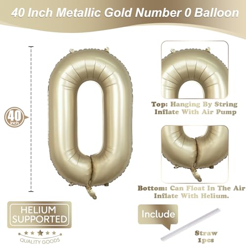 Image of Metallic Gold Number 0 Balloons 40 Inch, Large Champagne Number Balloons 0-9 Set, Light Gold 0 Mylar Foil Balloon Numbers for Girls Boys Baby Shower Birthday Graduation Anniversary Party Decorations