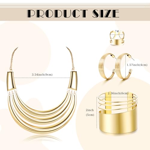 JOERICA Bib Choker Necklace Silver Gold Jewelry Set Wide Cuff Bangle Bracelet Open Hoop Earrings Adjustable Ring Chunky Silver Gold Statement Costume Jewelry Set for Women3