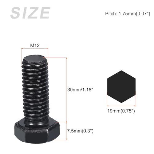 Image of METALLIXITY Hex Bolts (M12-1.75x30mm) 5Pcs, 8.8 Grade Carbon Steel Fully Threaded Black Oxide, Coarse Thread UNC Hex Head Screw Bolt - for Furniture Repair