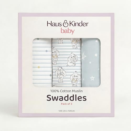 Image of haus & kinder 100% Cotton Muslin Swaddle Wrap for New Born Baby | Pack of 3 (120x120 cm) | Baby Blanket & Swaddles for Newborn | Twinkle Dreams Collection