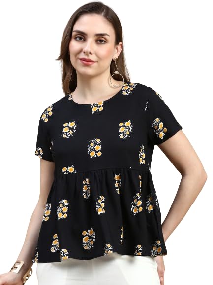 de moza Women Crop Top Woven Top All Over Print Viscose Black-picture-52