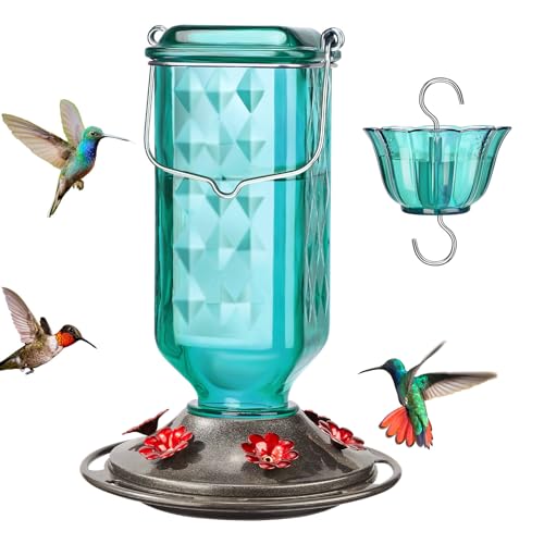Kingsyard Glass Hummingbird Feeder for Outdoor Hanging, 24 Ounces, 6 Feeding Ports, Bird Nectar Feeder for Garden Décor, Ant Moat Included, Turquoise