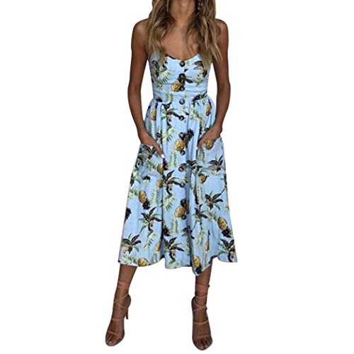 Oyedens Las Mujeres Sexy Botones De ImpresióN Piña Hombro Vestido Sin Mangas Vestido De La Princesa (Azul, XL)