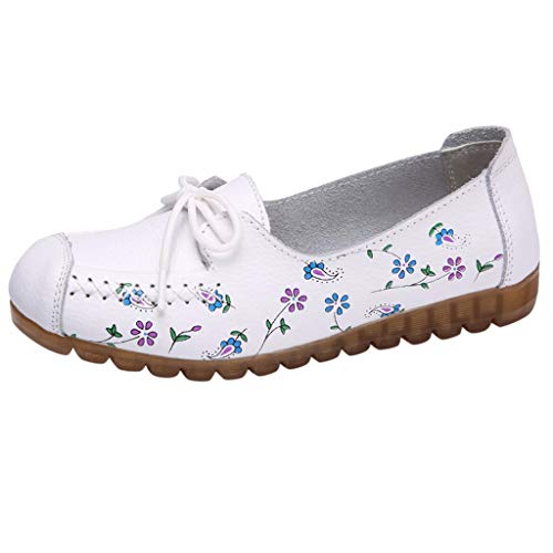 KEERADS Women's Comfortable Low-Top Flat Shoes with Printed Casual Shoes Nurse Shoes (35-42) White