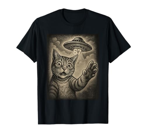 Cat Selfie 67 Meme Six Seven Funny UFO T-Shirt