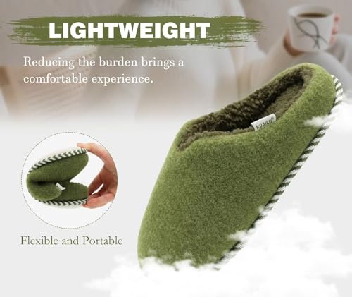 Image of KuaiLu Womens Memory Foam Slippers Ladies Cozy Fuzzy Plush Fur Lined Warm Winter Cushioned Slip on House Bedroom Shoes Comfy Indoor Outdoor Hard Sole Arch Supportive Plantar Fasciitis Green Size 8